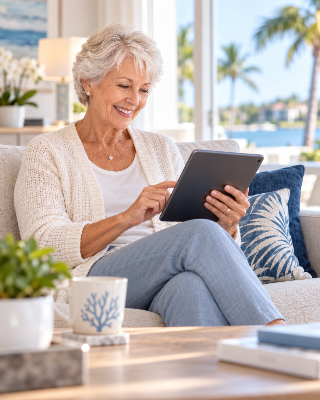 An older adult smiling during a family video call at home