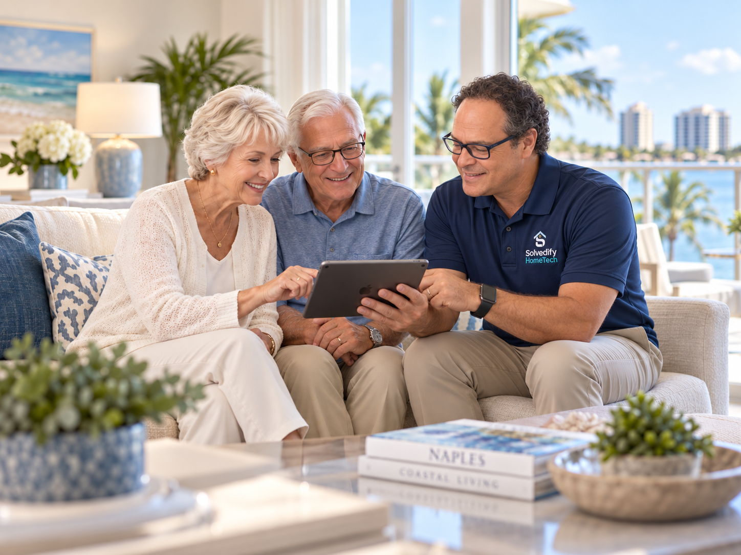 A friendly in-home technology consultation with an older couple in a bright Naples residence