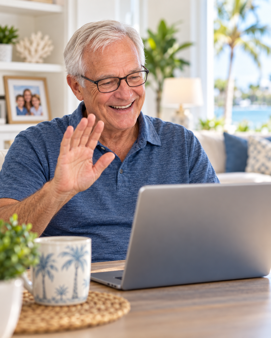 An older adult using a tablet comfortably at home in preparation for telehealth